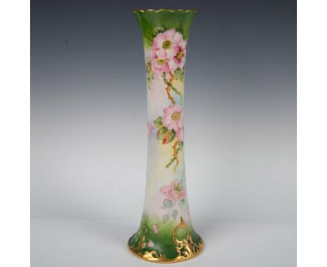 A beautiful green vase decorated with pink swamp roses and accented with gilded trims. Belleek Willets backstamp. Dimensions: