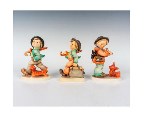 The endearing trio of Hummel pieces Puppy Love, Merry Wanderer, and Strolling Along captures precious childhood moments, with