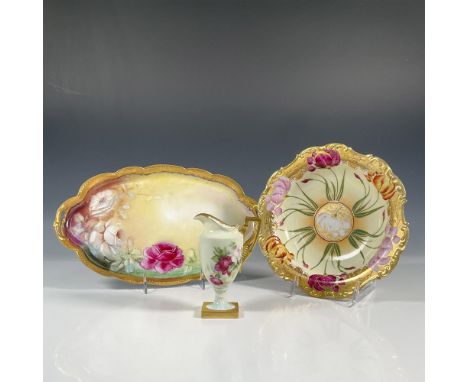 Includes 1 oval handled tray with hand painted signed floral design with gilded rim 14"L x 8.5"W x 1"H, 1 round decorative bo