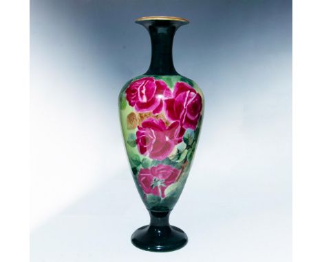 A beautiful footed vase decorated with hand painted magenta roses and blue birds. Belleek Willets backstamp. Dimensions: 6.5"