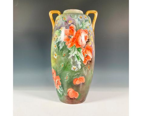 Antique large floral vase with gilded double handles. Beautifully decorated with pink and yellow roses, red poppies, white da