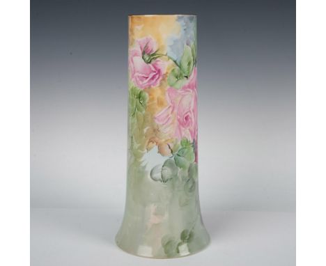 An antique Belleek Willets Porcelain tall vase featuring a floral design. The graduated vase has a gold-accented top and is a