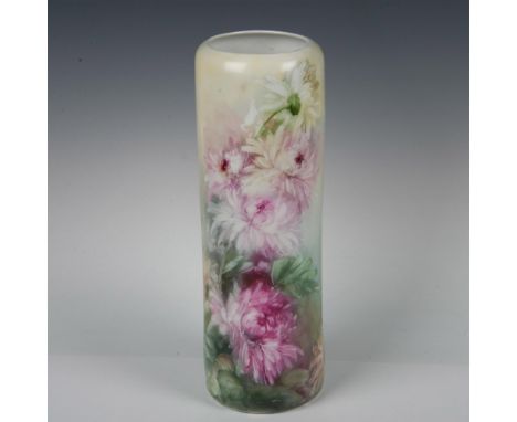 A beautiful vase decorated with pink and purple chrysanthemums. PH Leonard Company backstamp. Artist: C.V.Dimensions: 5"W x 1