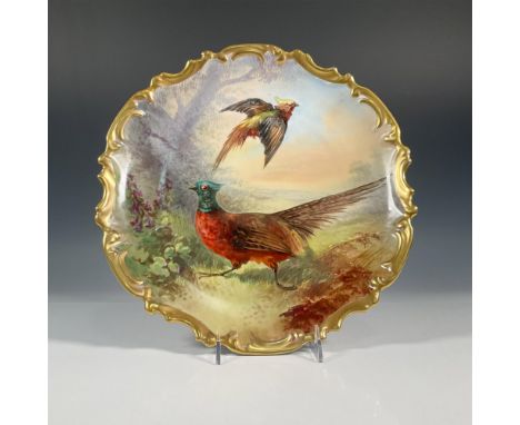 A golden trim decorative porcelain plate featuring hand painted pheasants. Lazeyras Rosenfel Lehman backstamp. Artist signed 