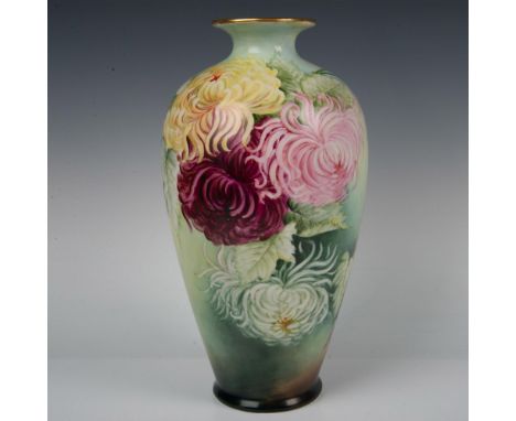 A large and beautiful vase of baluster form, adorned with a hand-painted Chrysanthemum motif and adorned with heavy gold rim 