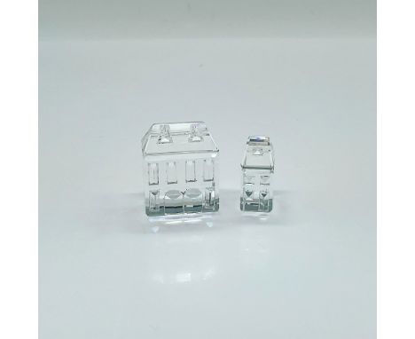 2 small clear crystal houses from the 'Silver Crystal City' group. Swarovski marked. This item has its original box: 3.25"W x