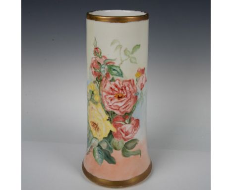 A large vase beautifully decorated with hand painted roses and gilded trims. D&amp;C France backstamp. Artist signed on the s