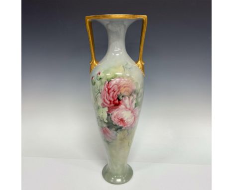 A tall Willets vase of two-handled amphora form, adorned with a Chrysanthemum decor and embellished with gold handles and rim