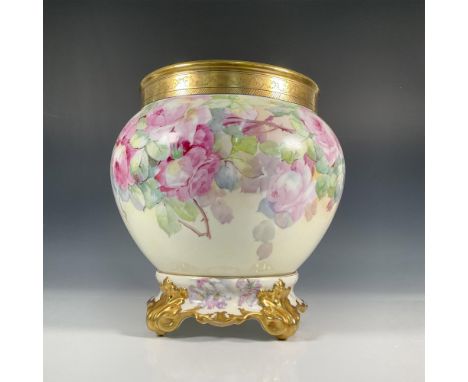 Large footed porcelain planter vase decorated with hand-painted pink roses, green leaves, gold detailed border and rim; 10.75