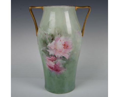 Marking from H &amp; Co., Selb, Bavaria, delicately painted pink roses on both sides of the vase embellished with gold handle