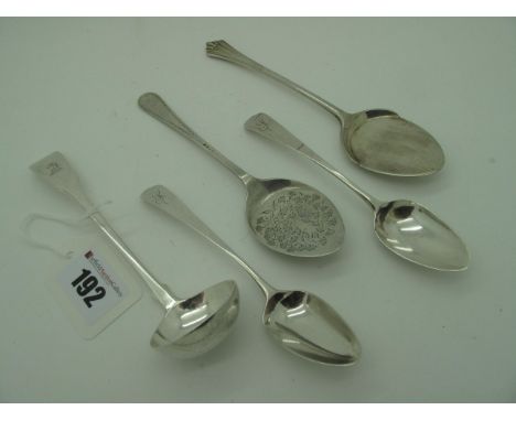 A Small Hallmarked Silver Fiddle Pattern Ladle, London 1808, crested; two hallmarked silver preserve spoons; a pair of hallma
