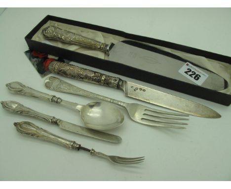 A Highly Decorative Victorian Hallmarked Silver Knife and Fork, FH, London 1892, detailed with birds and leaf scrolls; a hall