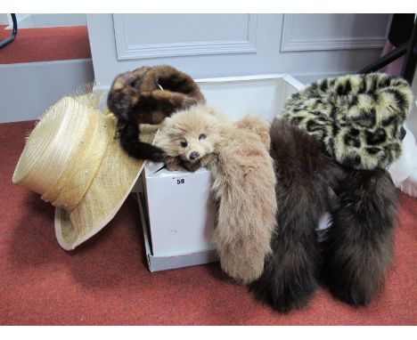 A Special Occasion Gold Flecked Straw Hat by Gwyther-Snoxells, two vintage fix fur tippets a mink scarf and faux leopard skin