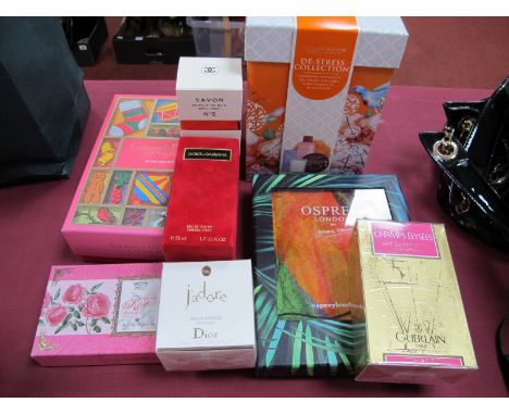 Perfume- Champs Elysées (Guerlain), (unopened), Dolce &amp; Gabbana, Chanel No 5 and J'adore soaps, Colcot Manor De-Stress Co