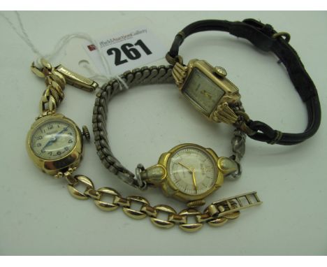 Rotary; A 9ct Gold Cased Ladies Wristwatch, to openwork bracelet, stamped "RG 9ct Metal Core", another similar, on leather ty