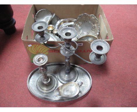 Assorted Plated Ware, including twin branch candelabrum, oval tray, sauce boat, oval lidded entree dish, posy bowl, single ca