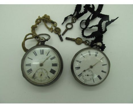 Two Hallmarked Silver Cased Openface Pocketwatches, (damages) similar white dials, engine turned cases, including keys. (2)