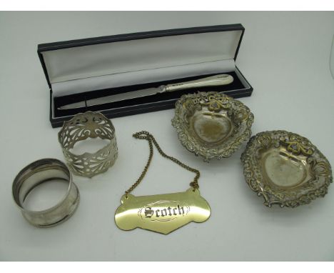 A Royal Mail Hallmarked Silver Handled Letter Opener, (stamped "925") together with hallmarked silver and other napkin rings,