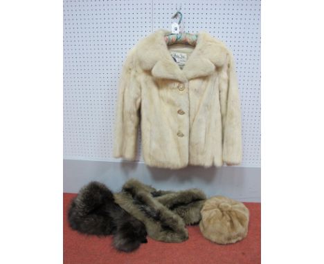 A Cream Mink Cocktail Jacket, with three button front and bracelet length sleeves, retailers label for 'Harry Fish, Chesterfi
