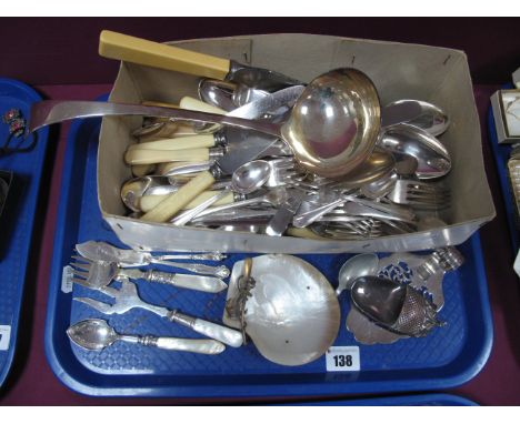 A Mixed Lot of Assorted Plated Cutlery, novelty acorn caddy spoon, mother of pearl shell caviar dish, decorative butter knive