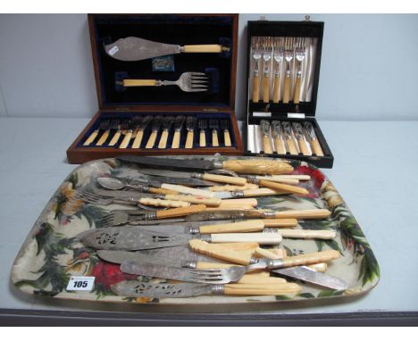 An Early XX Century Cased Set of Fish Knives and Forks, with serving knife and fork, retailed by Fattorini &amp; Sons, with e