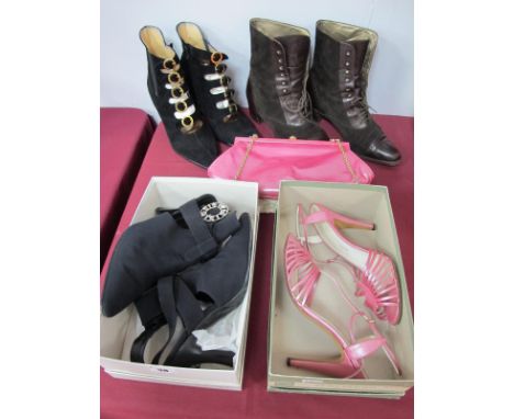 Kurt Geiger; Black Suede Buckled Ankle Boots, black satin evening shoe with diamanté buckle, pearl pink strappy 'T' bar eveni