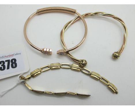 A Modern Three Colour Twisted Torque Bangle, (damaged), together with a sprung bangle end and a 9ct gold geometric bracelet (
