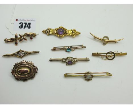 A Collection of Assorted Bar Brooches, including amethyst single stone, stamped "9ct"; a seed pearl set heart; claw set, etc.