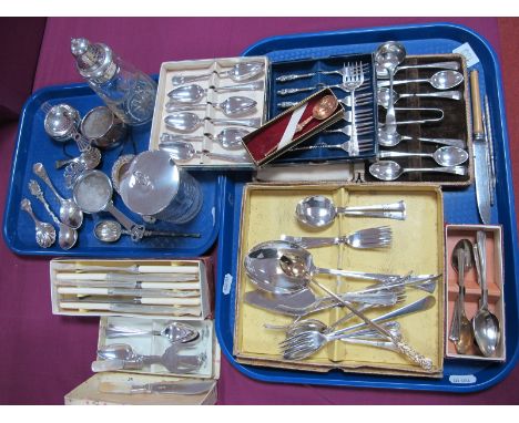 A Hallmarked Silver 'Anointing' Spoon, Hukin &amp; Heath Lidded Glass Preserve Pot, glass sugar caster, tea strainers, caddy 