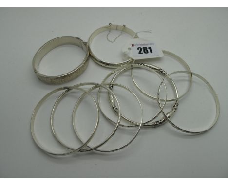 Mexico 925 and Other Modern Bangles, including hallmarked silver bangle, hinged to snap clasp, leaf scroll engraved; another 