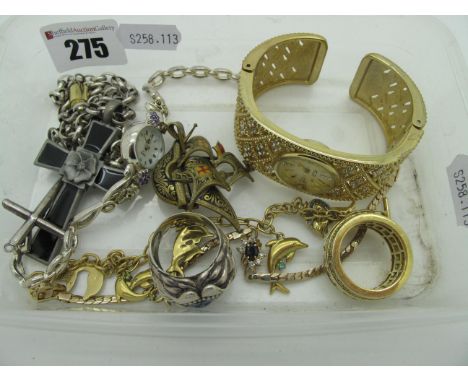 Ladies Wristwatches, with claw set highlights, clasp stamped "925"; two gent's dress rings (finger sizes X/Y), dolphin charm 