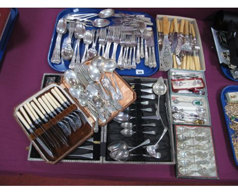 Assorted Souvenir and Other Teaspoons, including Auckland New Zealand enamel example, cherub fork and spoon, late XIX/XX Cent
