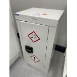 A QMP steel single door chemical storage cabinet, 35cm x 30cm x 70cm.