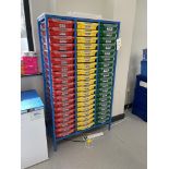 A steel framed 3 section 57 slot tray storage unit, 105cm x 43cm x 184cm h with 19 red, yellow and