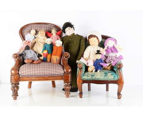 Various cloth dolls,  a post-war Chad Valley felt faced doll with jointed velvet body and labels on feet --15in (38cm.) high 