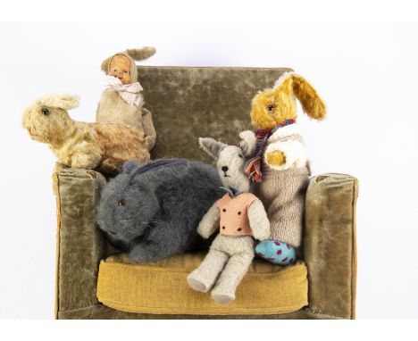 Five rabbit soft toys,  including an early English Baby Bunting with celluloid face, a fully jointed Chad Valley and three ot