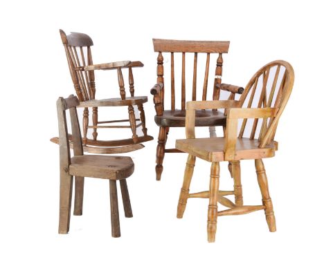 Four vintage teddy bear/children's chairs, a varnished pine Windsor type chair --22in (56cm.) high; a rocking chair, a commod