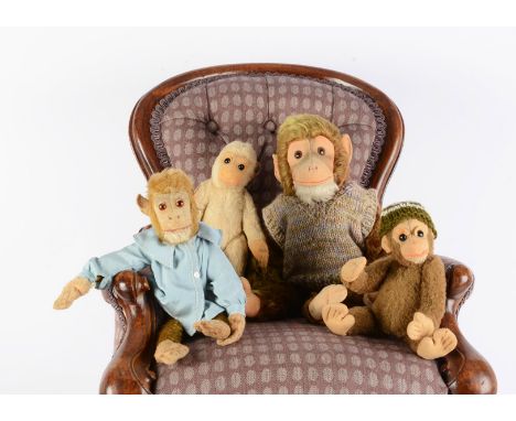 Four European monkey soft toys, two German mohair, two possibly Hamiro, all with swivel heads and jointed limbs -- 15in (38cm