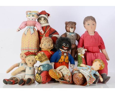 Printed cloth dolls and animals, The Toy Works cat cushion in Santa outfit —15in (38cm.) high; Dean’s - Golly, Teddy and Bunn