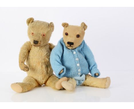 Two British teddy bears,  a 1930s Chiltern-type and another similar, swivel heads and jointed limbs, the later in knitted out