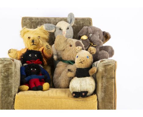 Seven soft toys,  including  an English koala bear, a Wendy Boston teddy  bear, two knitted Gollies, a Chiltern Roly-Polly Mo