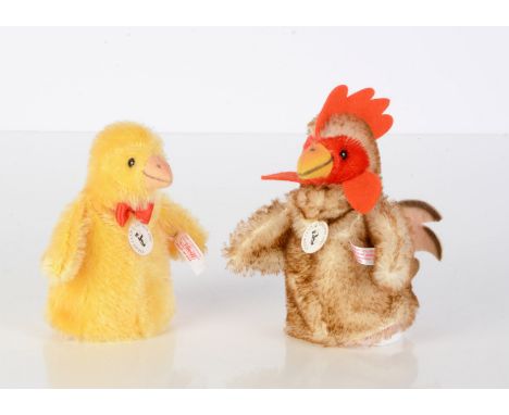 Two Steiff Club Edition limited chicken and cockeral Eierwaermer-Set, egg cosies --5½in(14cm.) high 