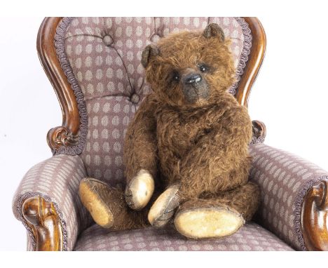 A Brodie Bears Pretzel artist teddy bear,  1 of 1, dark brown mohair, with hand painted pads and card tag --16in (41cm.) high