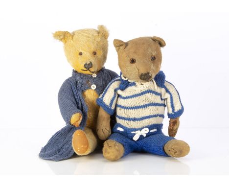 Two British teddy bears,  a 1930s Chiltern-type and another similar, swivel heads and jointed limbs, both in knitted outfits 