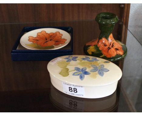 Moorcroft dish, candlestick & trinket box