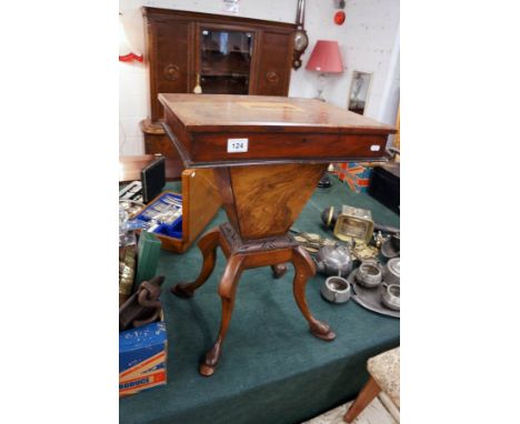 Unusual walnut needlework table with Tunbridge panel