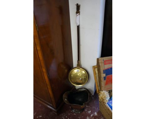 Copper coal helmet & brass warming pan