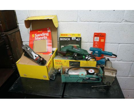 Collection of power tools, vice, Stanley wood plane etc
