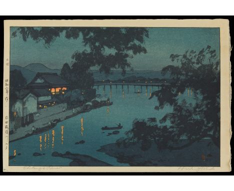 Hiroshi Yoshida (Japanese, 1876-1950). Japanese shin-hang woodblock print titled "Chikugo River" depicting a quiet night scen