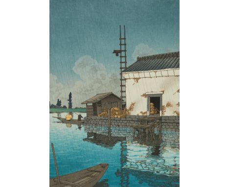 Hasui Kawase (Japanese, 1883-1957). Japanese shin-hanga woodblock print titled "Rain at Ushibori" depicting a peaceful rainy 